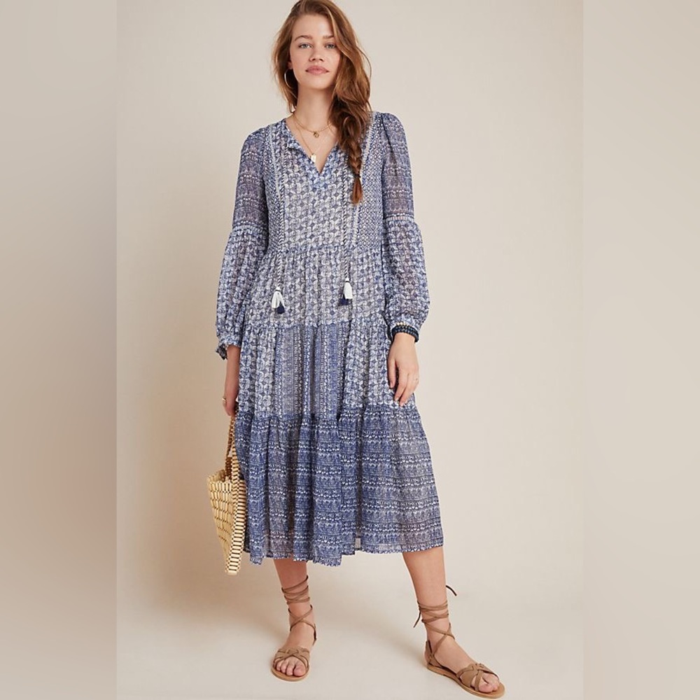 Anthropologie blue India midi dress with tassel ties